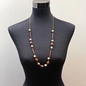 Wooden Long Beaded Statement Necklace Gold Tone Chain Fashion Jewelry 15.5 in L